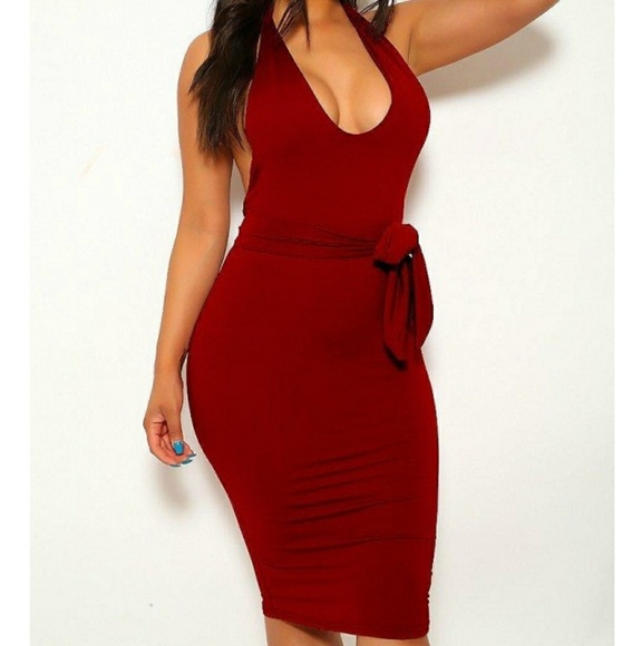 Dresses & Skirts - Sexy red deep u neck stretchy bodycon dress